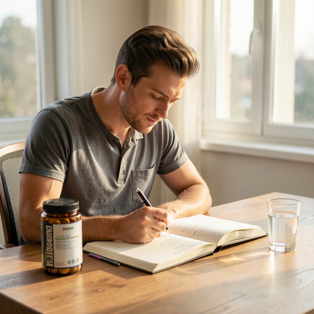 Man journalling at a wooden desk in soft morning daylight with a supplement container and glass of water beside the open notebook