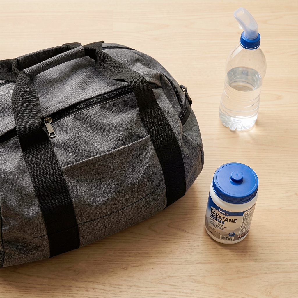 Gym bag and water bottle on a clean wooden surface beside a small creatine container, editorial flat lay composition