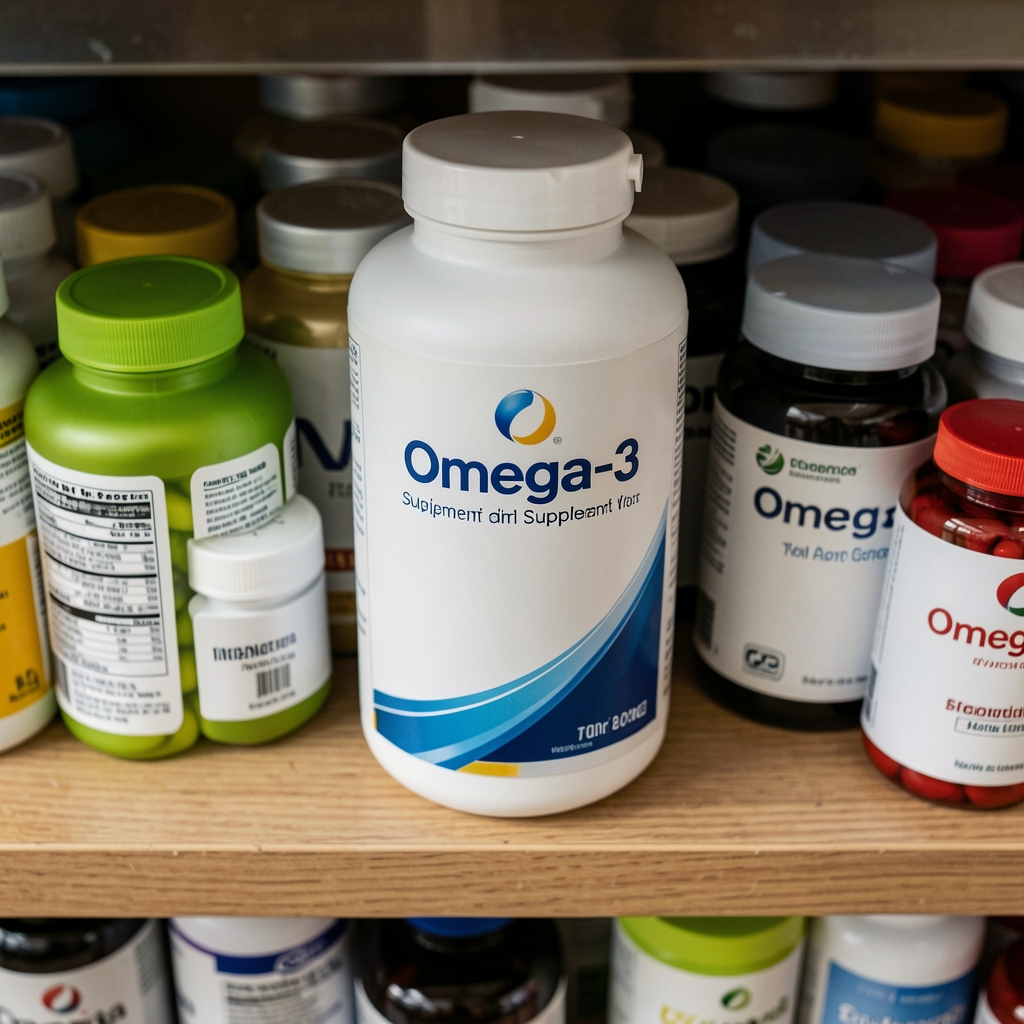 Omega-3 supplement label on a shelf with other supplement containers in an editorial overhead composition