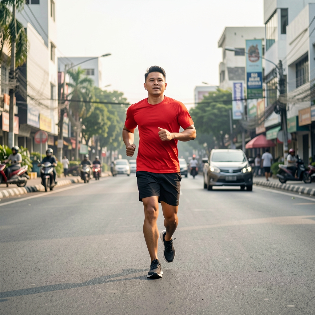 Morning run on an empty Jakarta street in early daylight, active lifestyle outdoor composition