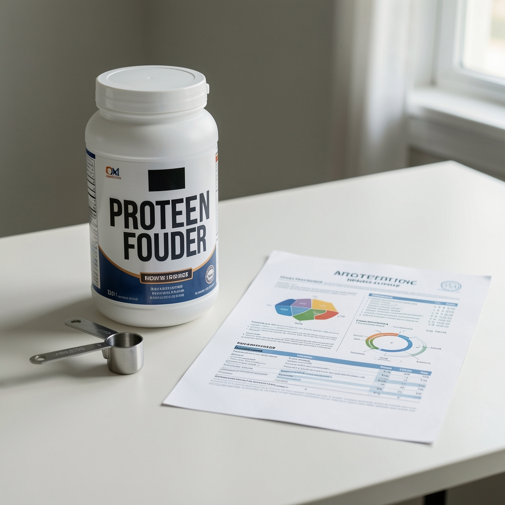 Protein powder container and measuring scoop beside a nutritional research document on a clean desk surface
